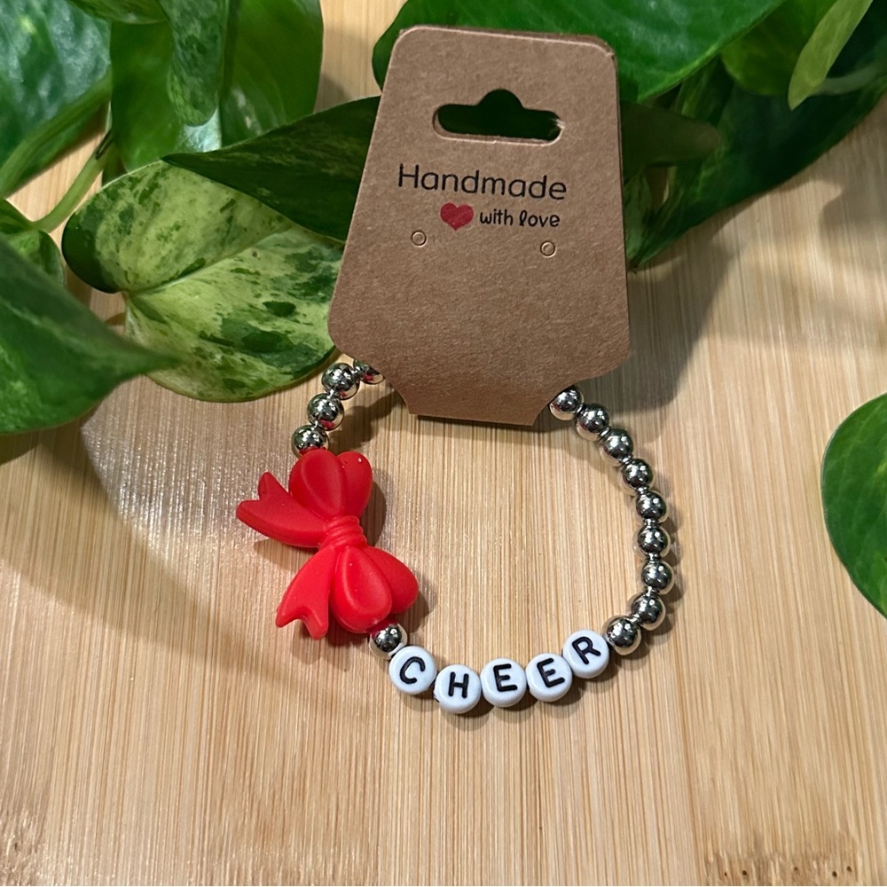 Silver Kids’ Stretchy Beaded Cheer Bracelet | Handmade | Silicone‎ Bow 📣✨